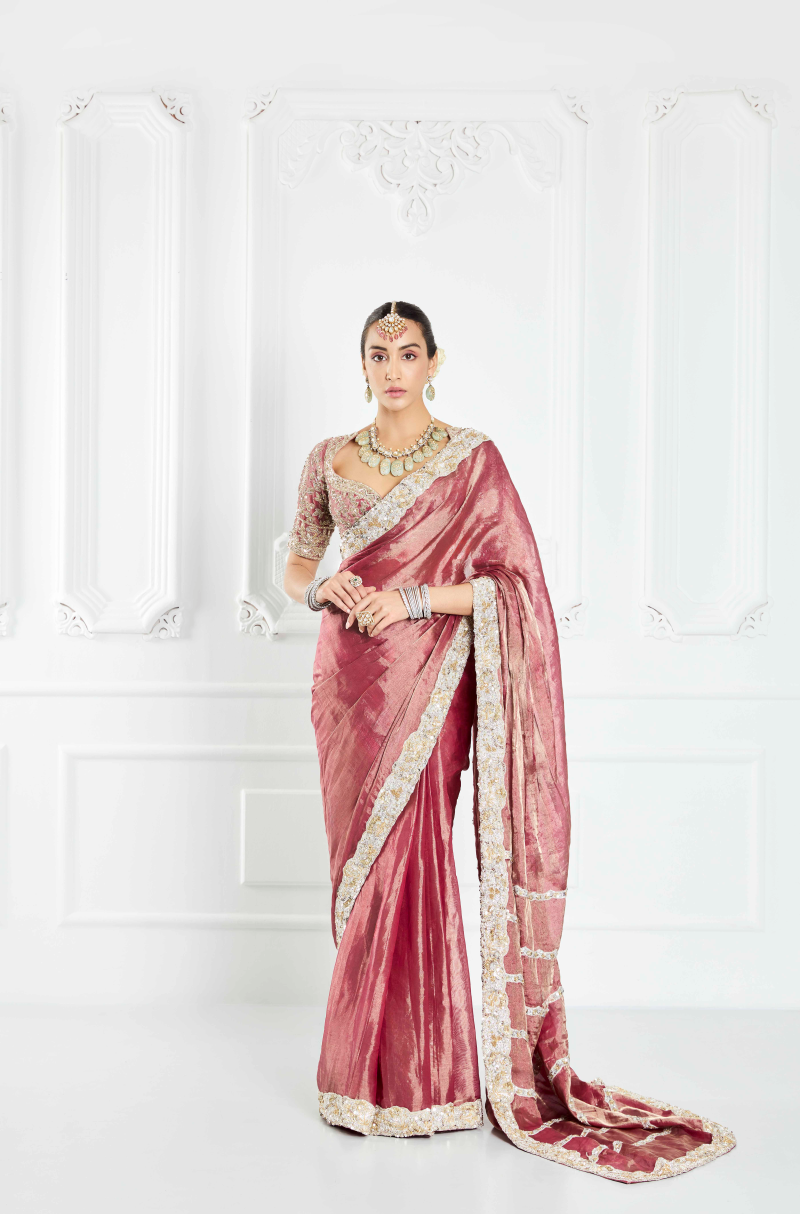 Deep Old Rose Tissue Saree Set