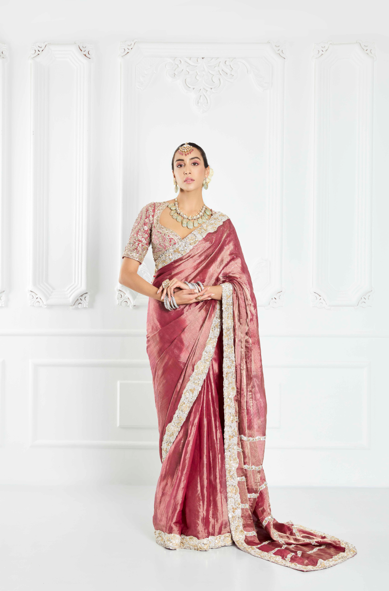 Deep Old Rose Tissue Saree Set