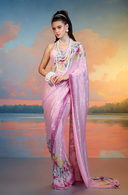 Pink Chiffon Sequin Saree Set