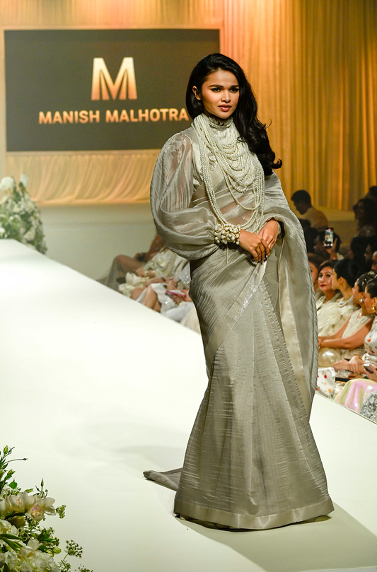 Grey Textured with Ruffled Blouse Saree Set