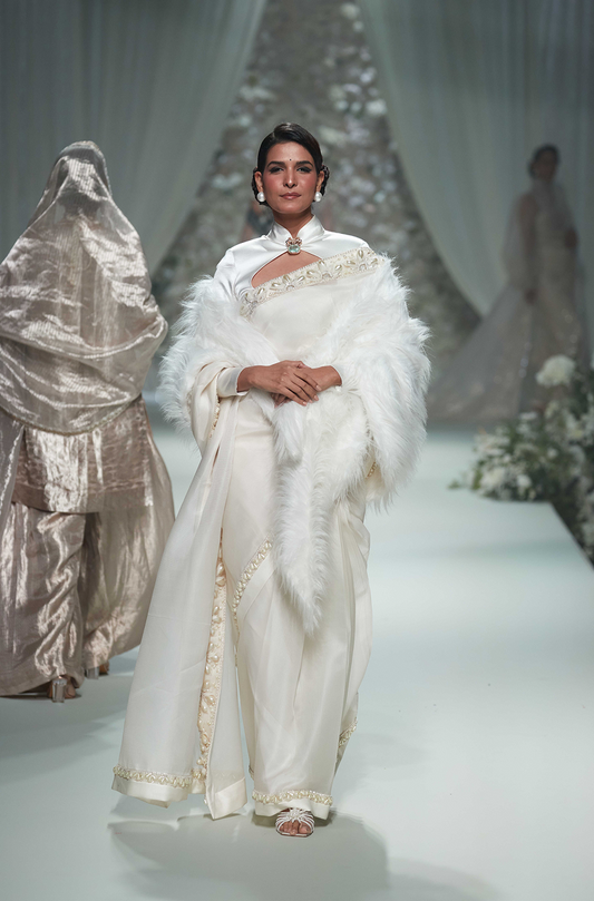 Ivory with Pearl & Sequin Border Saree Set