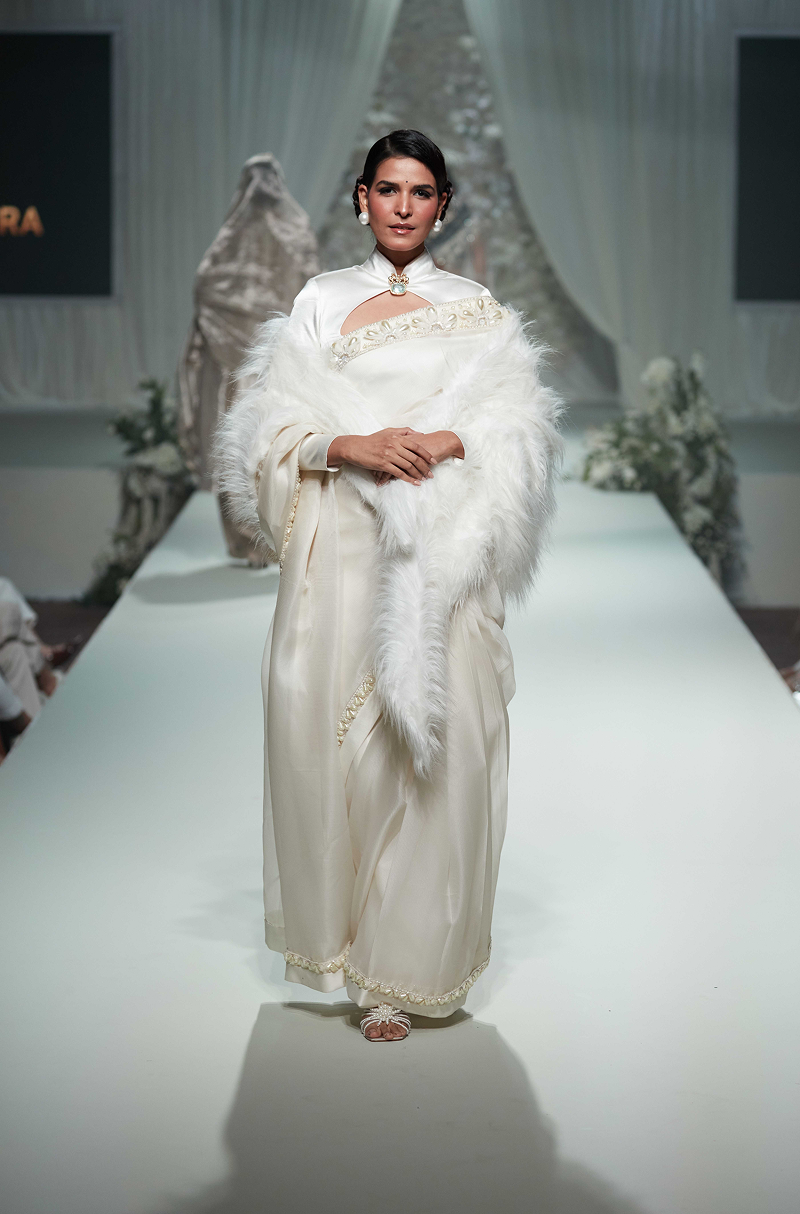 Ivory with Pearl & Sequin Border Saree Set