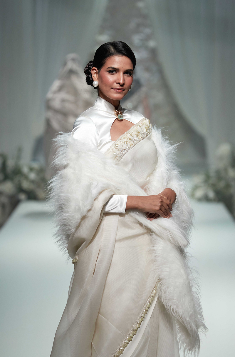 Ivory with Pearl & Sequin Border Saree Set