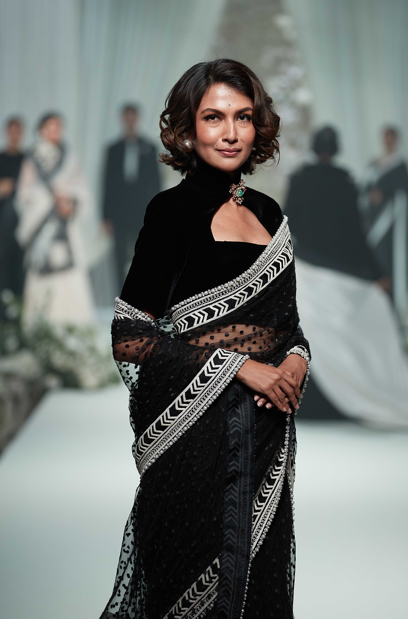 Black Net Polka Dot Net Stitched Saree Set