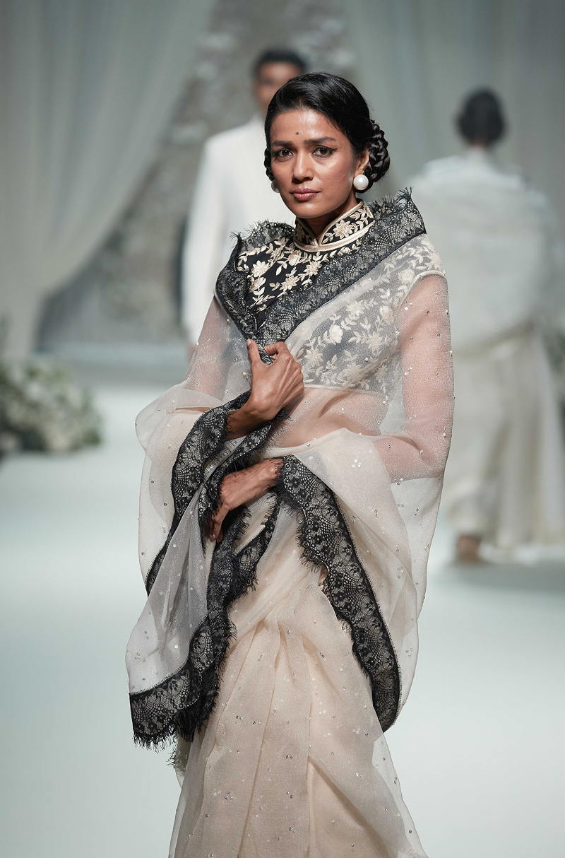 Off White with Black Lace Border Saree Set