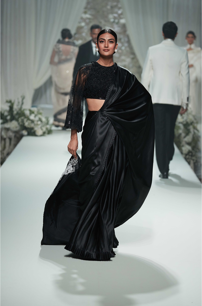 Black Satin with 3D Embroidered Saree Set