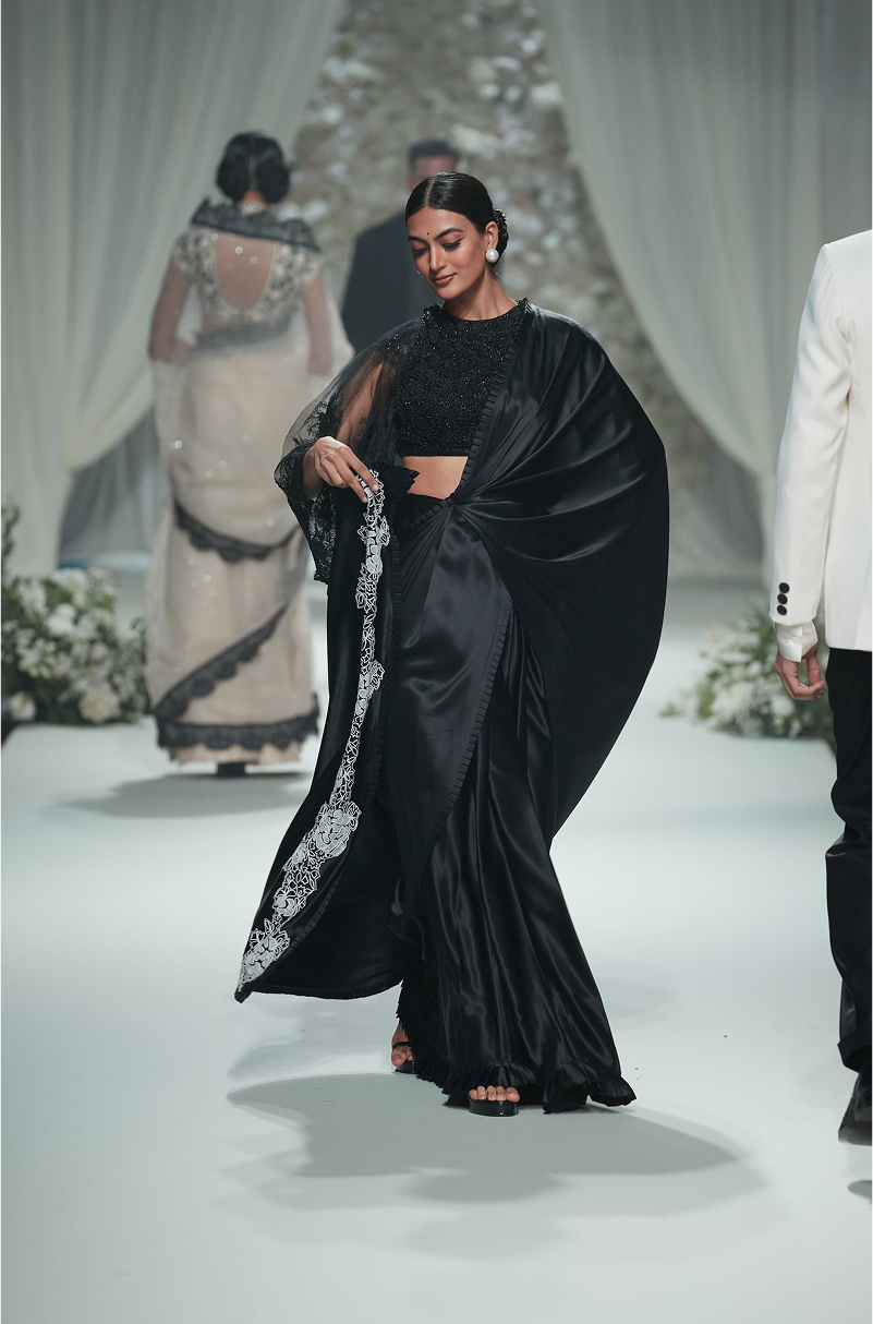 Black Satin with 3D Embroidered Saree Set