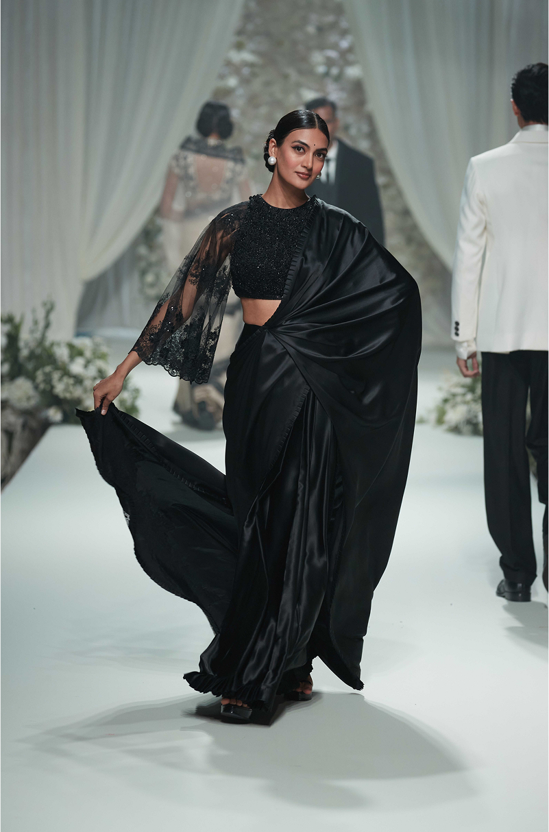 Black Satin with 3D Embroidered Saree Set