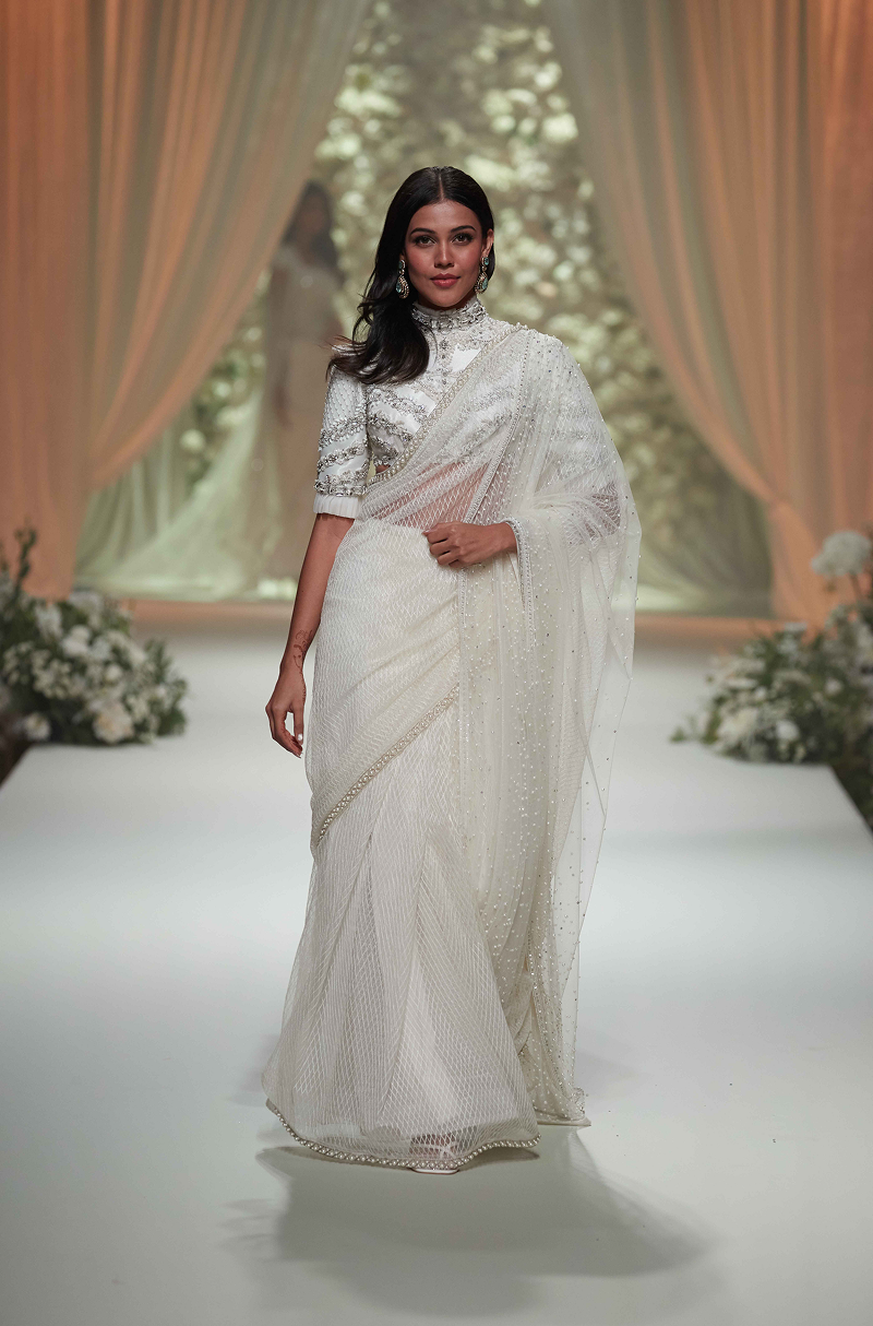 Ivory Textured Tulle Saree Set