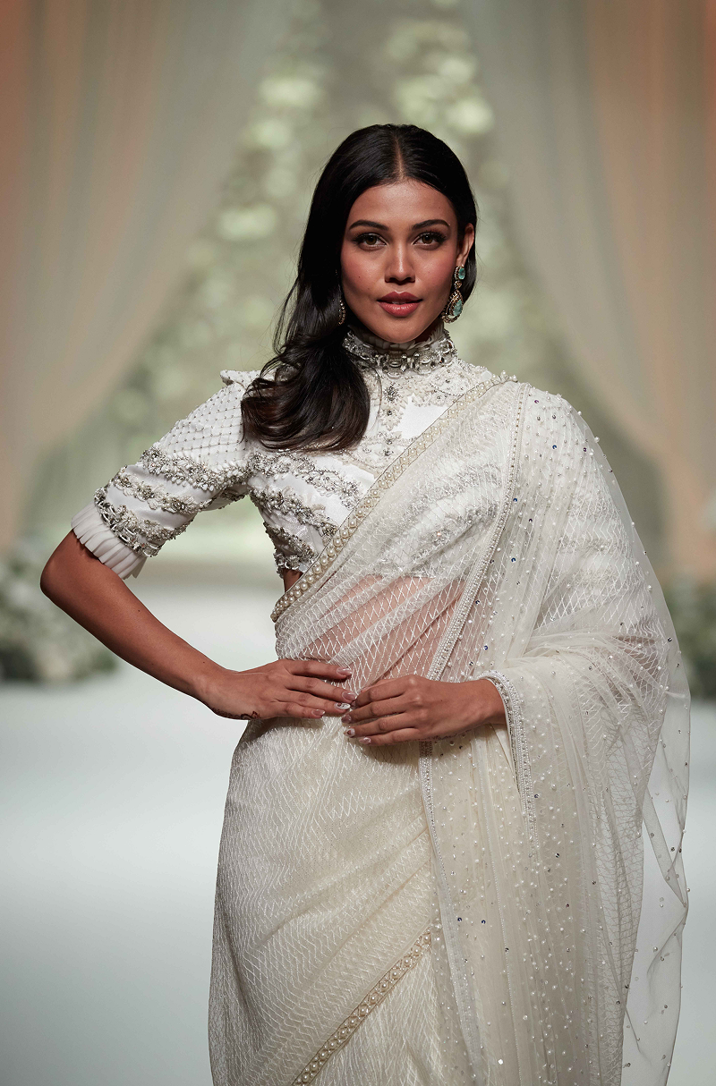 Ivory Textured Tulle Saree Set