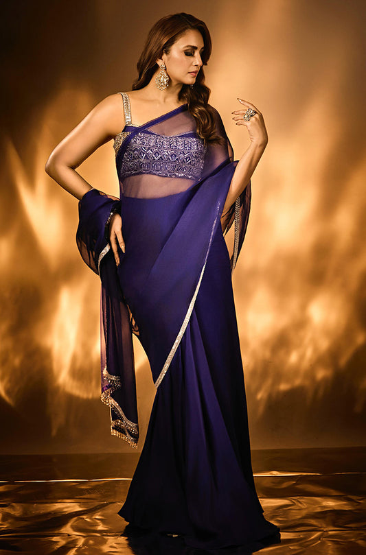 Huma Qureshi in our Electric Blue Pre-Drape Saree