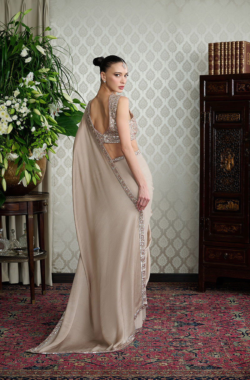 Beige Satin Chiffon Saree Set