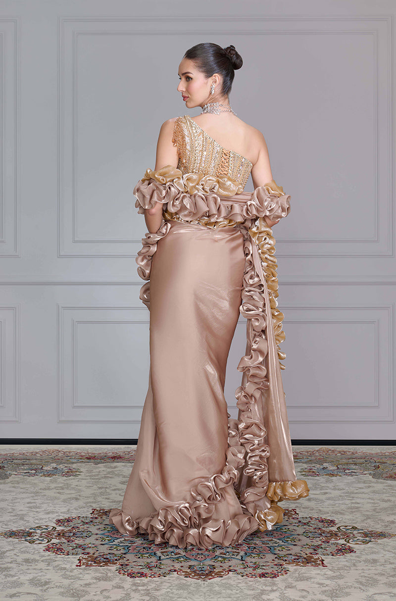 Oyster Organza Ruffles Saree Set