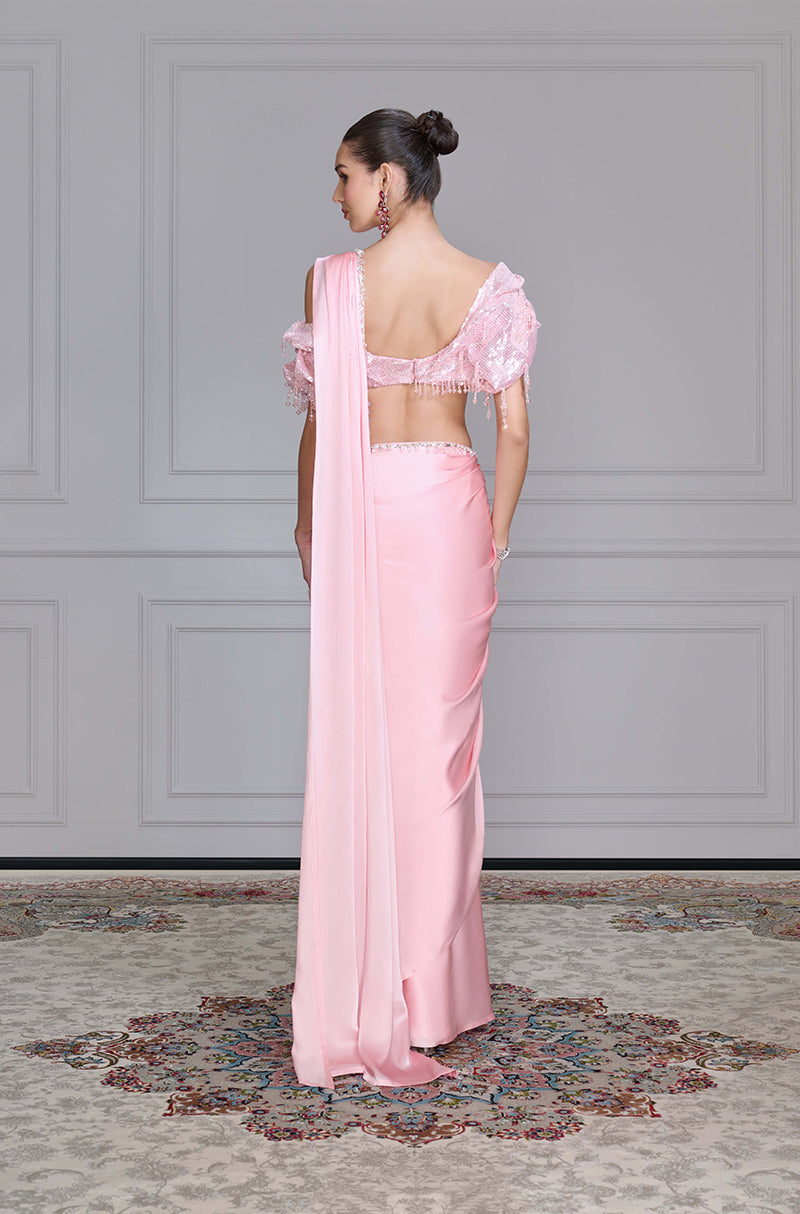 Pink Satin Saree Set