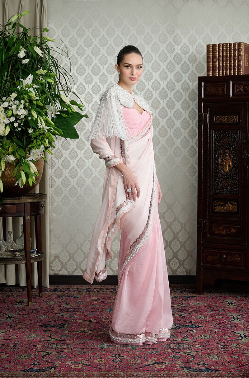 Pink Ombré with Scalloped Embroidered Border Saree Set