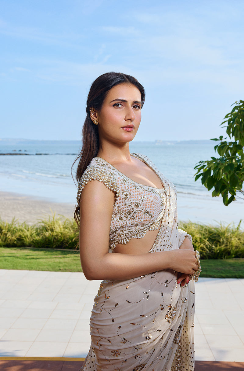 Fatima Sana Shaikh in our Ivory Embroidered Saree Set