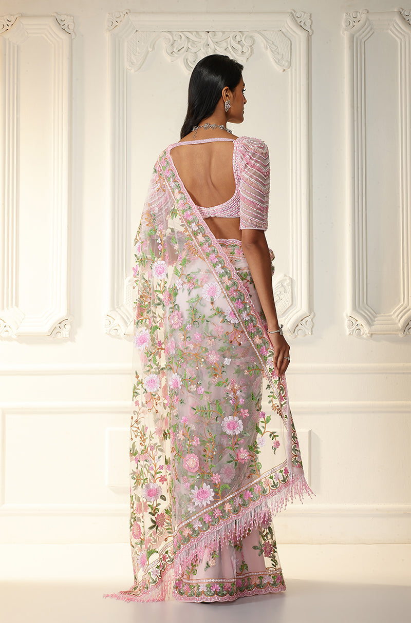Ivory & Pink Floral Kashmiri Embroidered Saree Set
