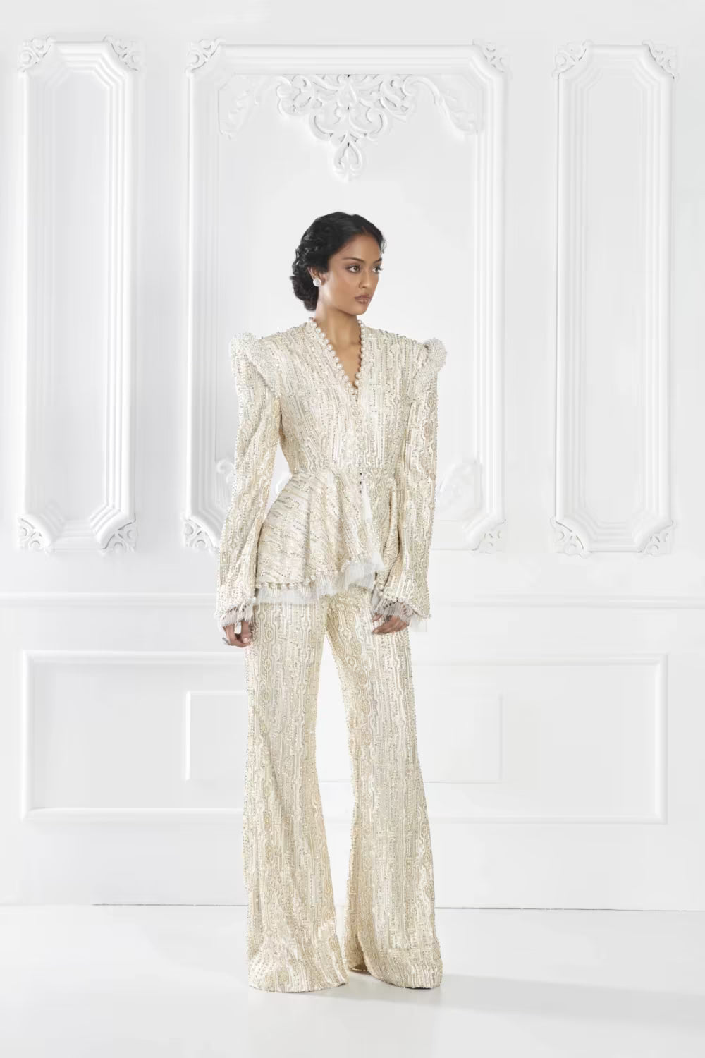 Ivory Embroidered Peplum Jacket Set