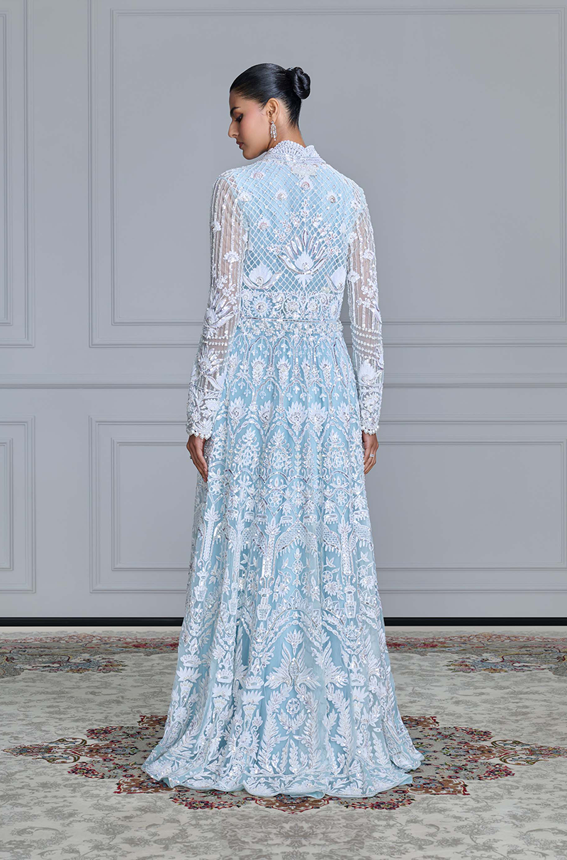 Powder Blue Kashmiri Embroidered Jacket Gown