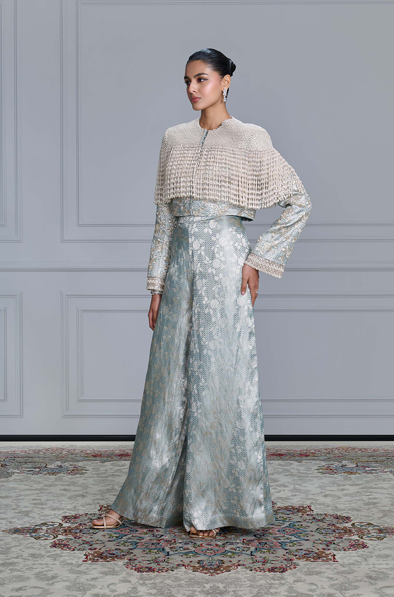 Ice Blue Brocade Embroidered Tasselled Jacket Set