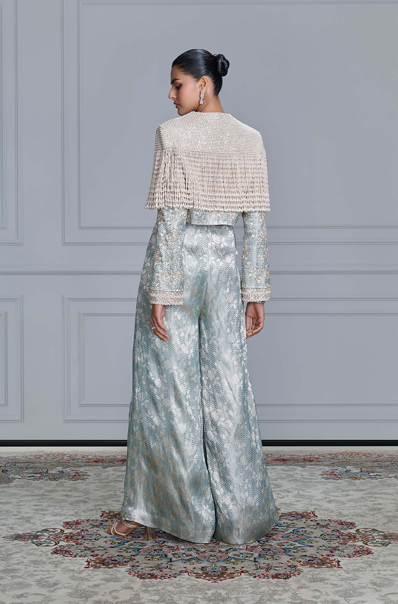 Ice Blue Brocade Embroidered Tasselled Jacket Set