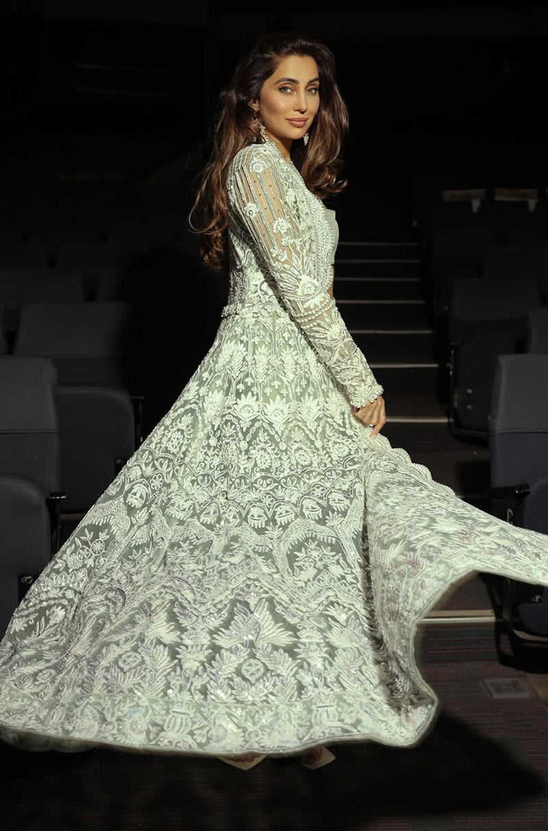 Anusha Dandekar in our Mint & Ivory Kashmiri long Jacket Skirt Set