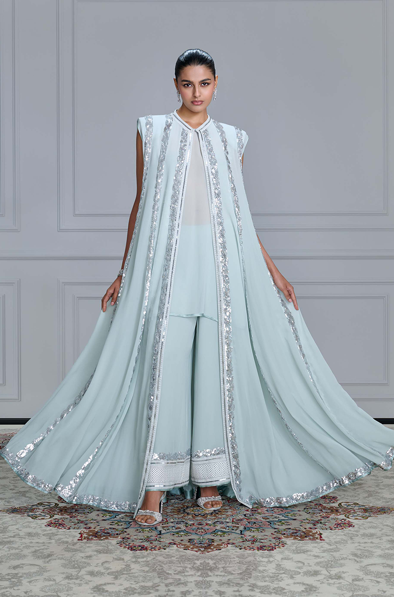 Grey Striped Sequin Georgette Jacket Set