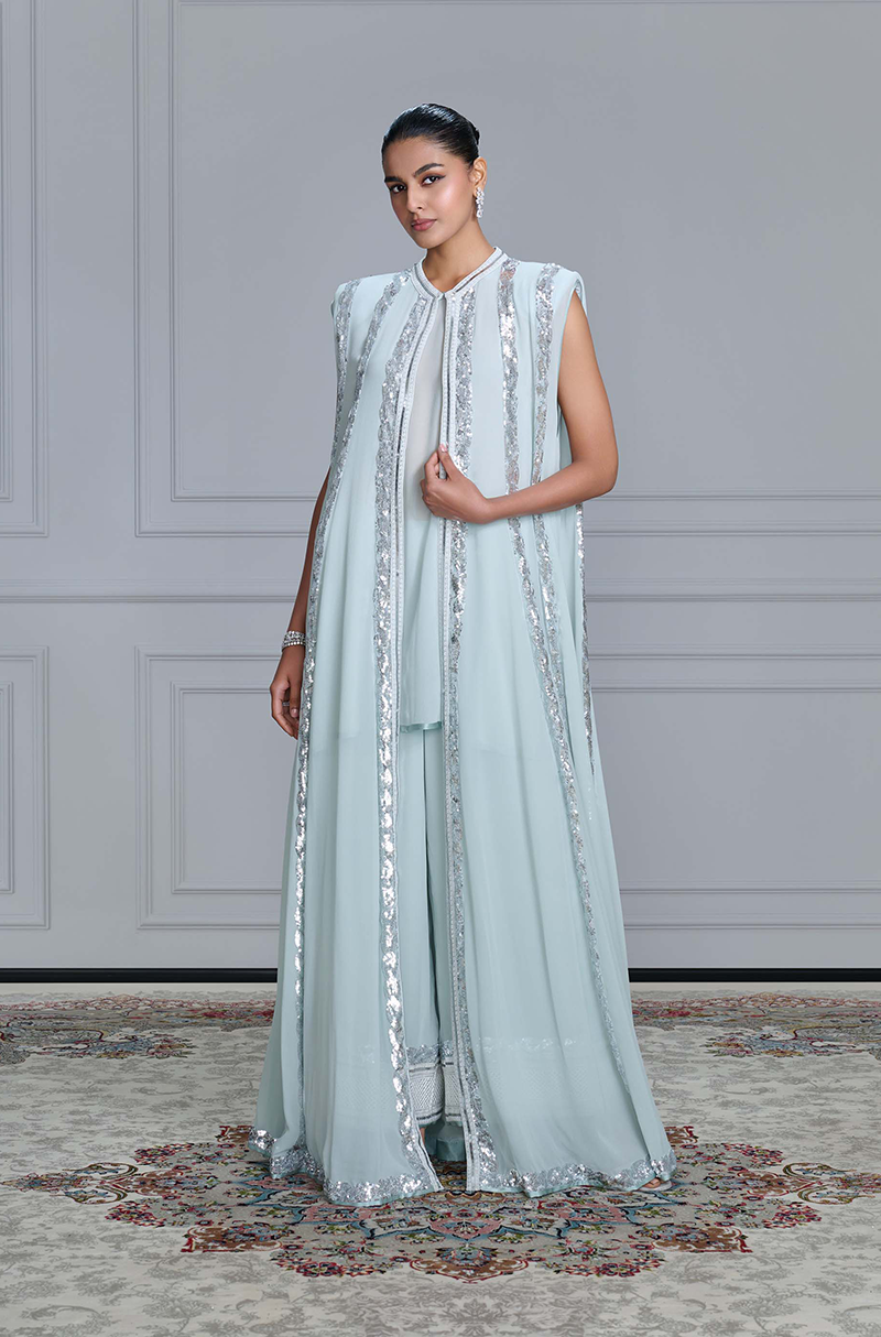 Grey Striped Sequin Georgette Jacket Set