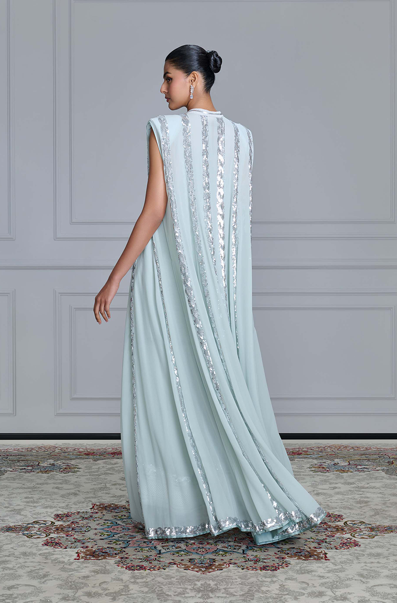 Grey Striped Sequin Georgette Jacket Set