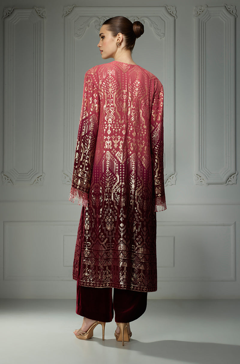 Old Rose To Wine Aztec Sequin Embroidered Kurta Set
