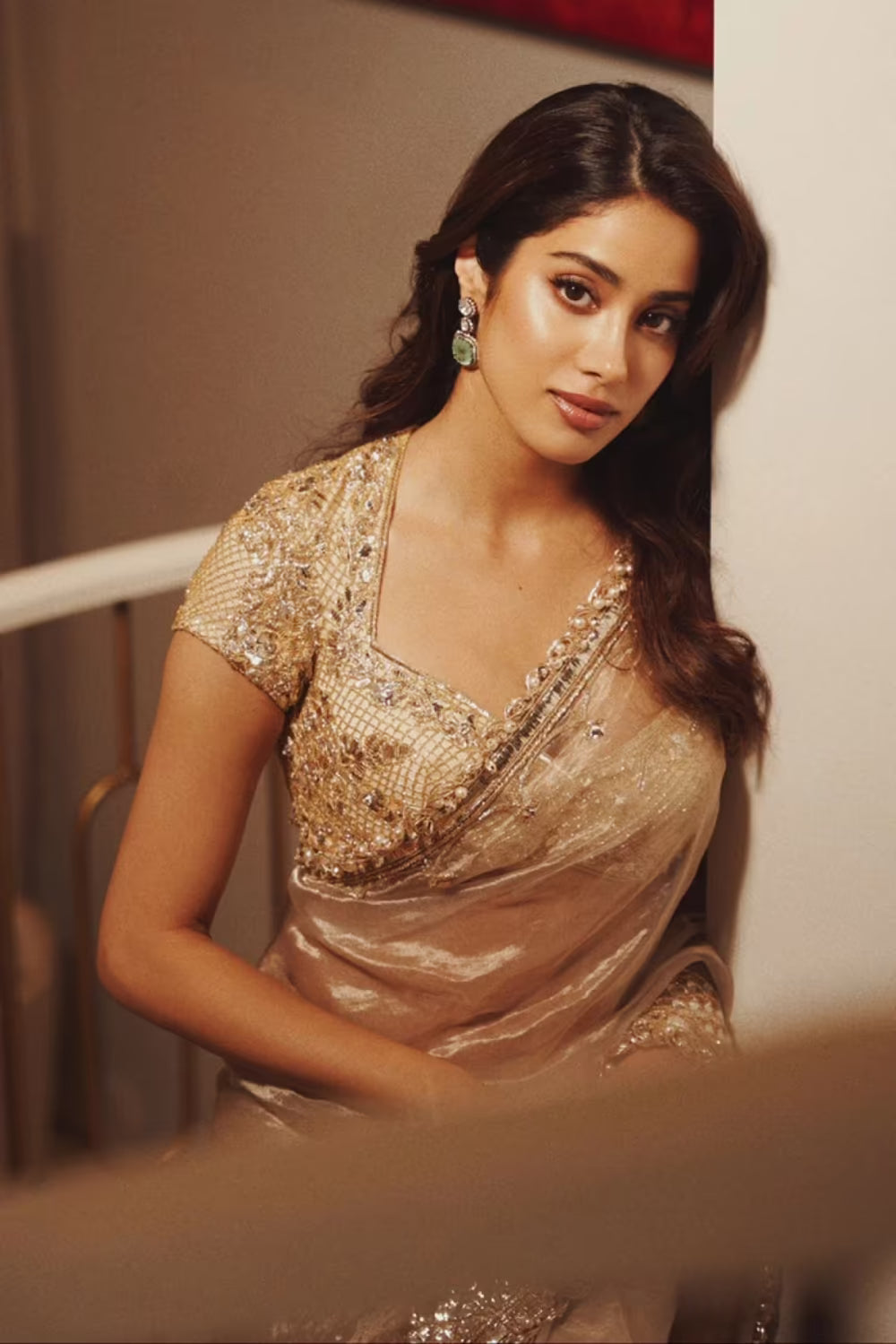 Janhvi Kapoor in Ivory Gold Saree Set