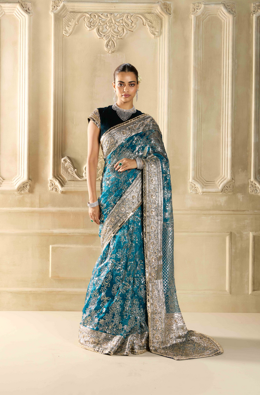 Teal Embroidered Tissue Saree Set