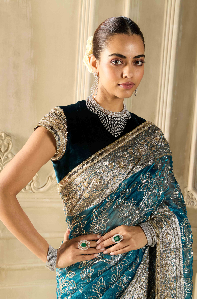 Teal Embroidered Tissue Saree Set