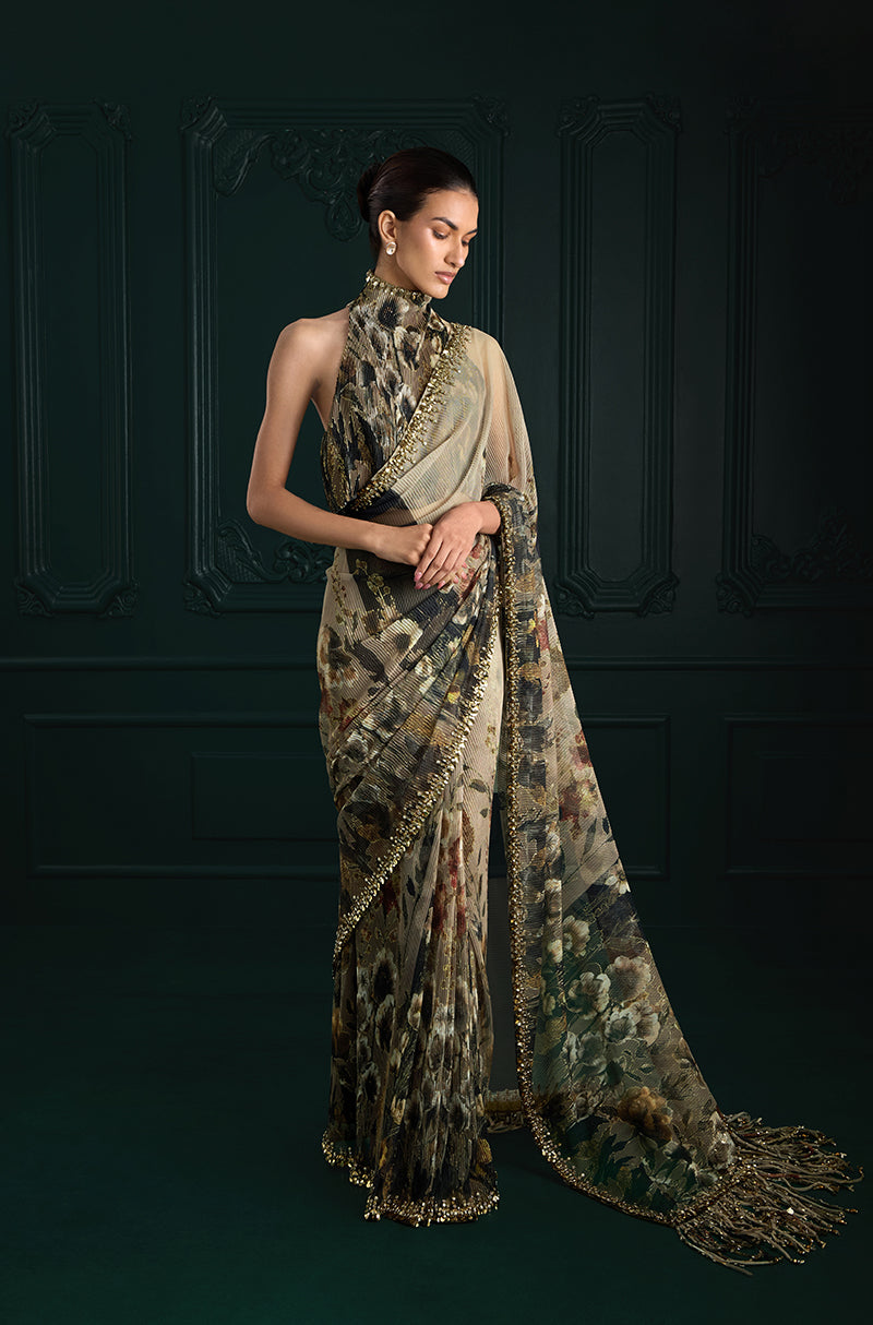 Green & Black Floral Printed Pre-Pleated Saree Set