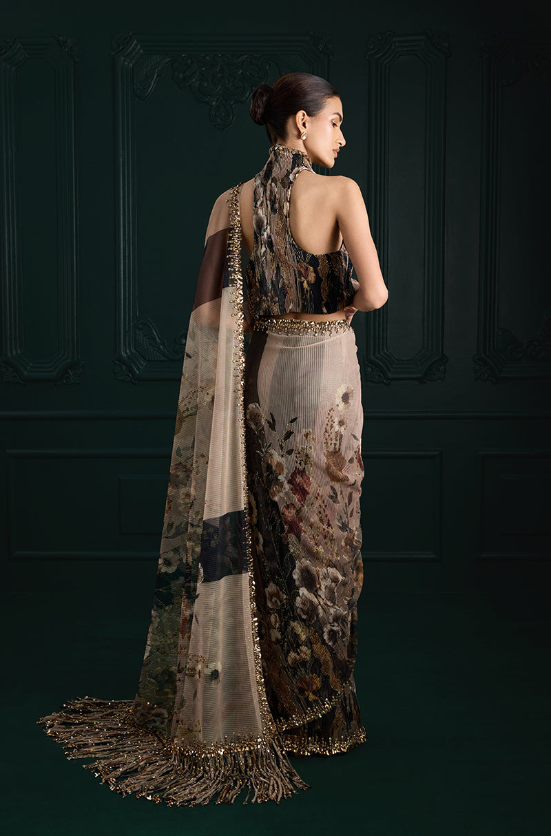 Green & Black Floral Printed Pre-Pleated Saree Set