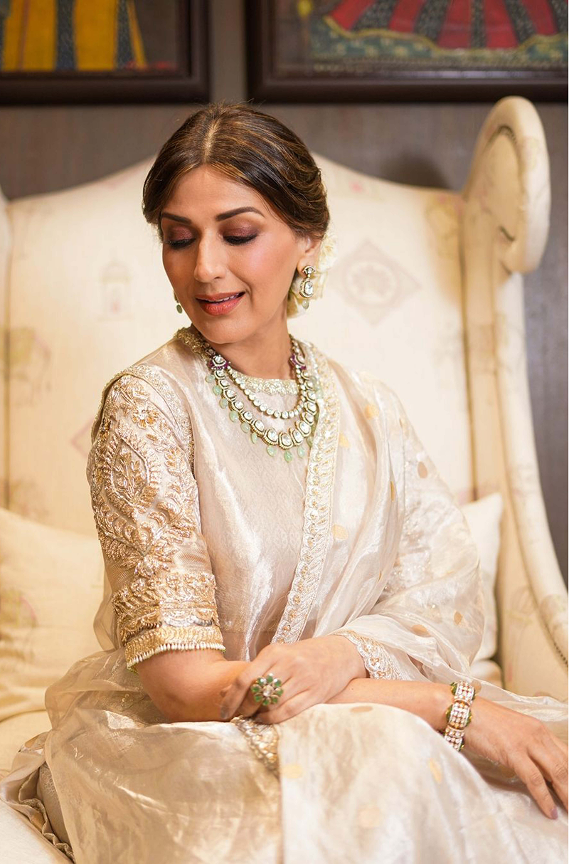 Sonali Bendre in our Silver Tissue Embroidered Kurta with Sharara Set