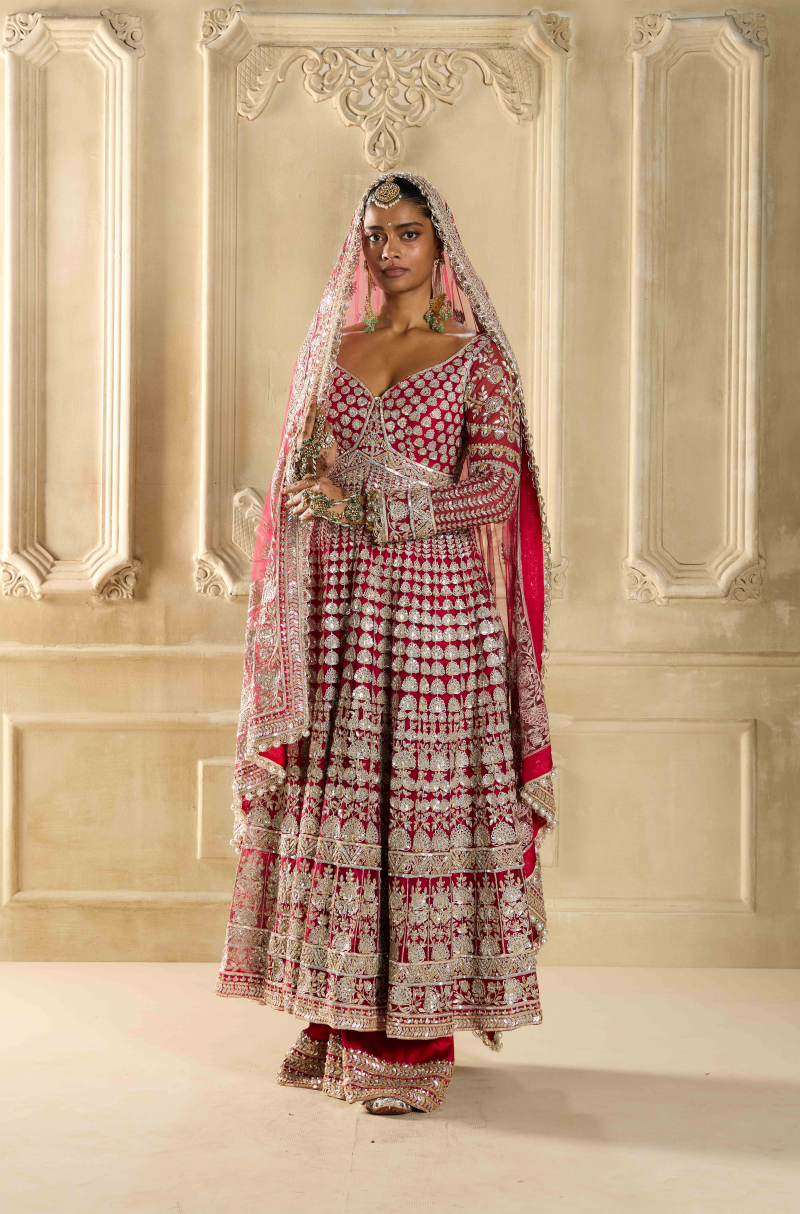 Red Embroidered Kalidar Kurta Set