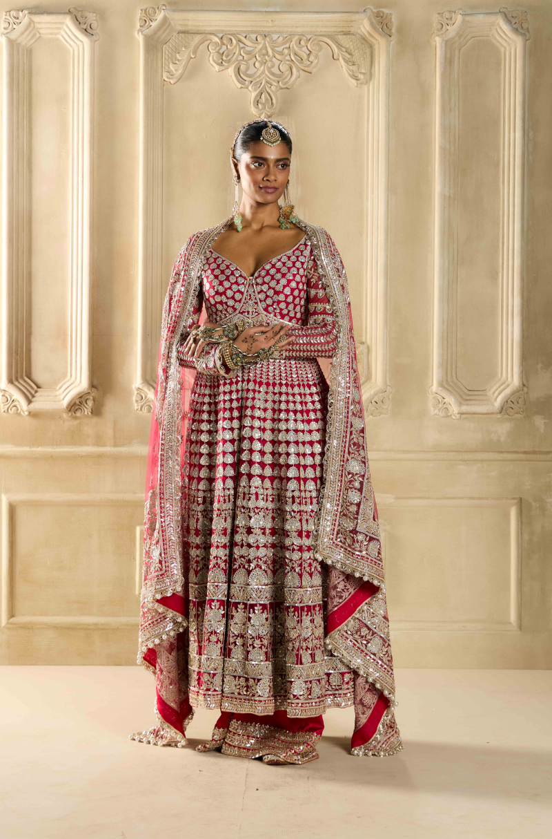 Red Embroidered Kalidar Kurta Set