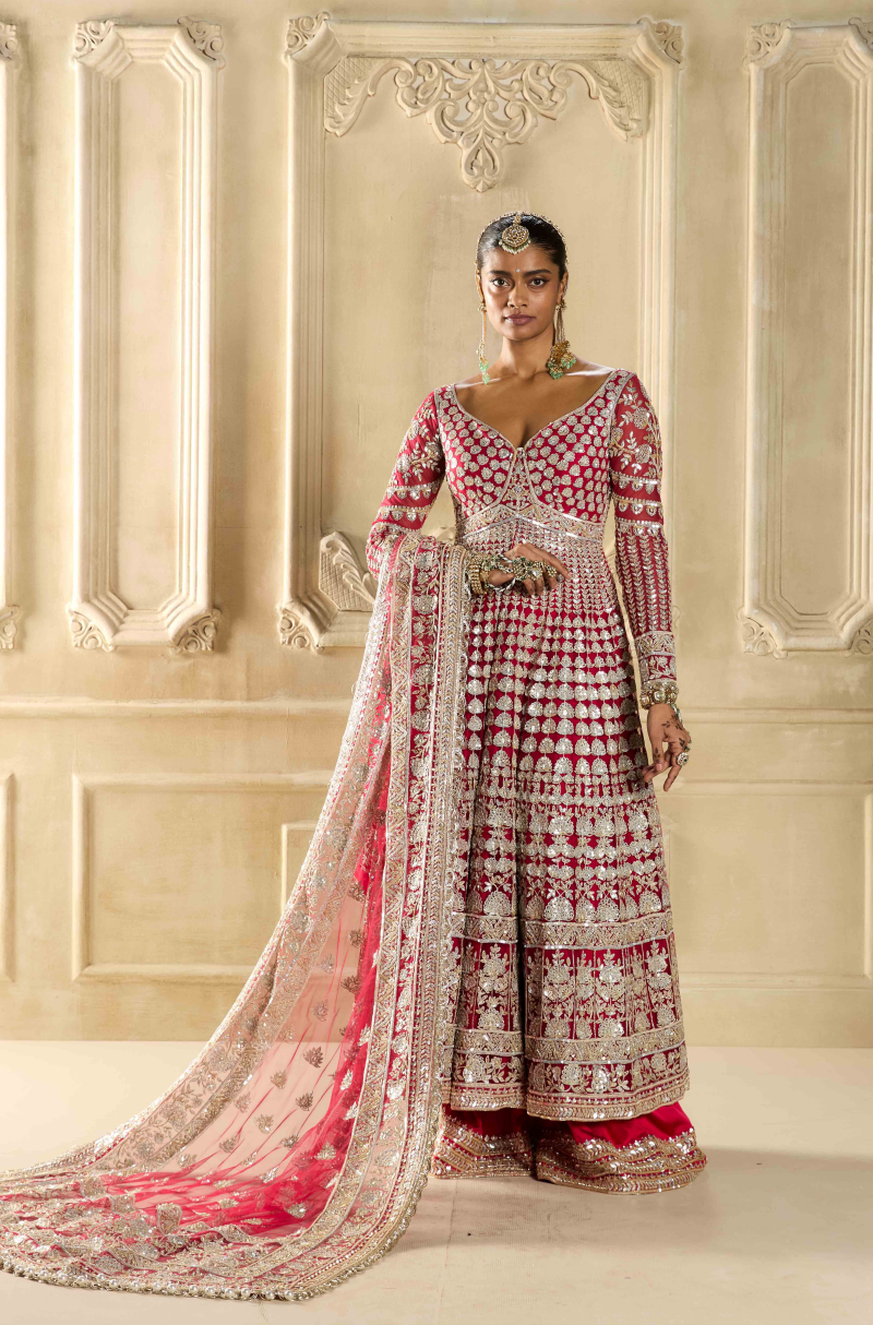 Red Embroidered Kalidar Kurta Set