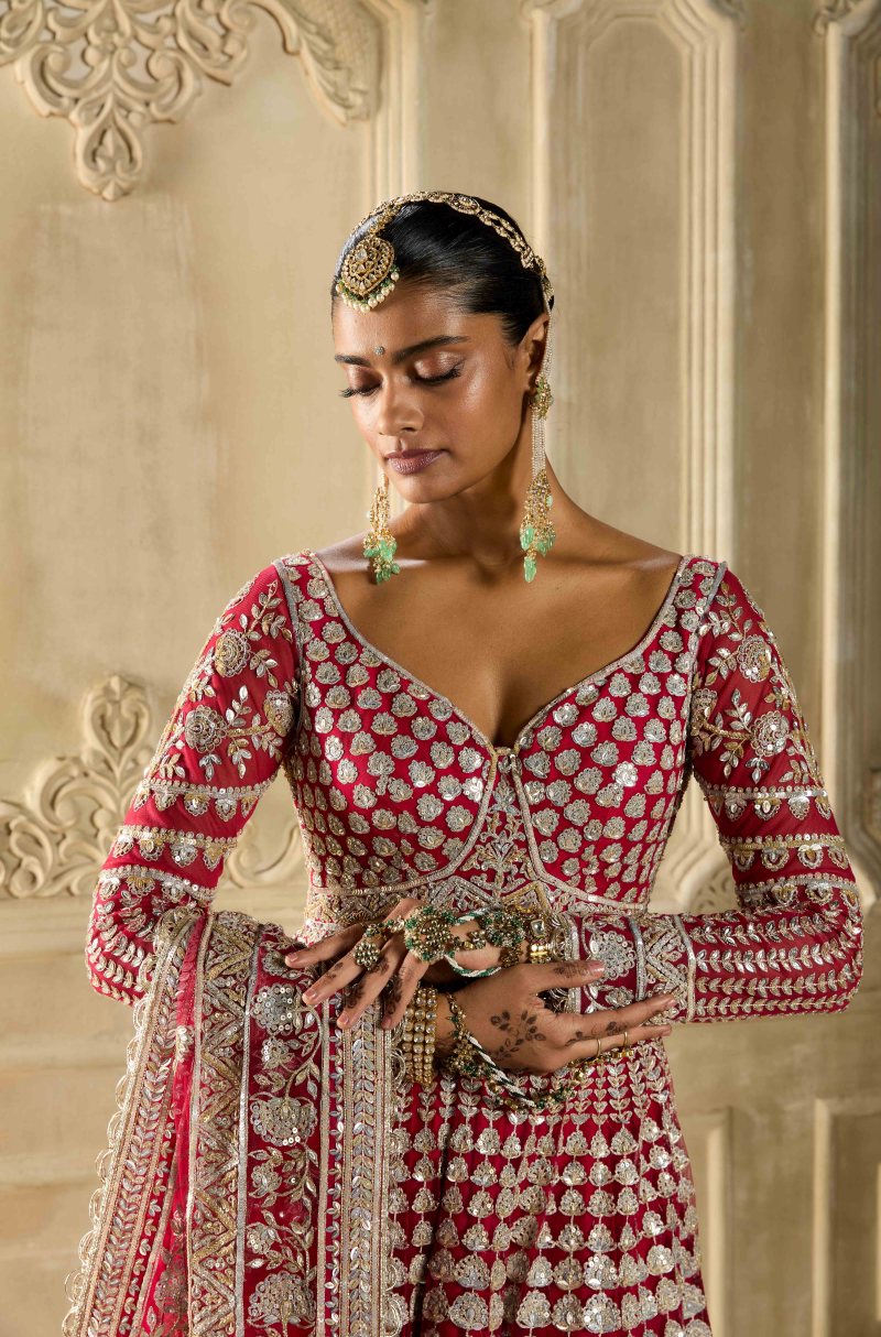 Red Embroidered Kalidar Kurta Set