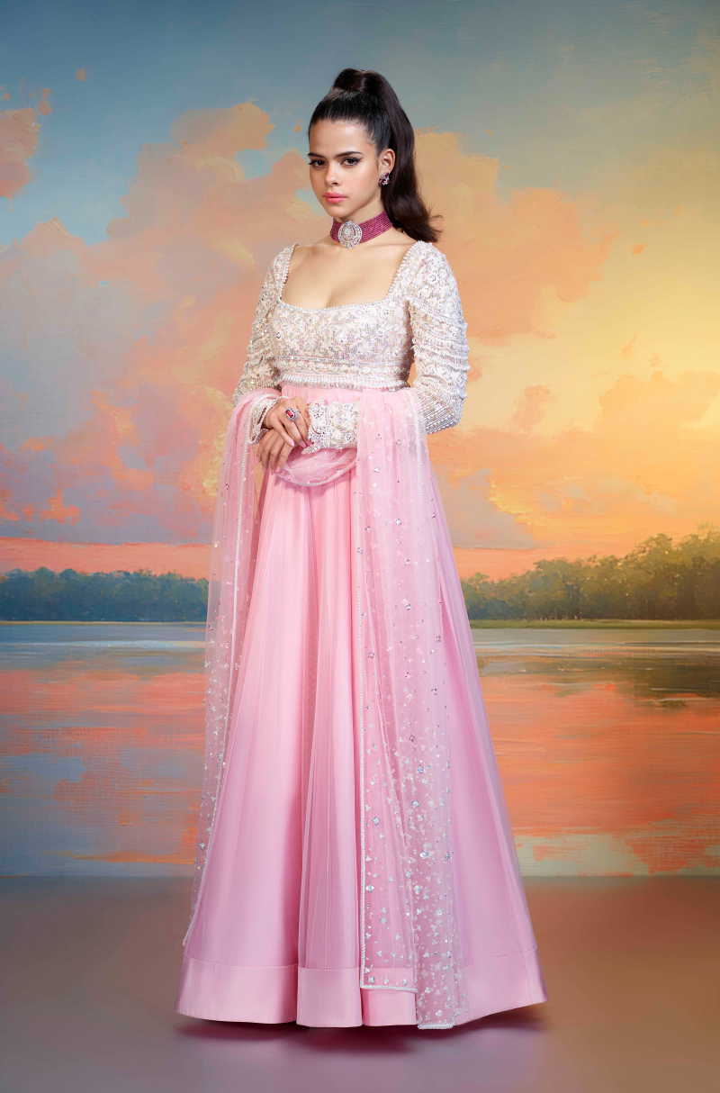 Pink Tulle Embroidered Kalidar Kurta Set