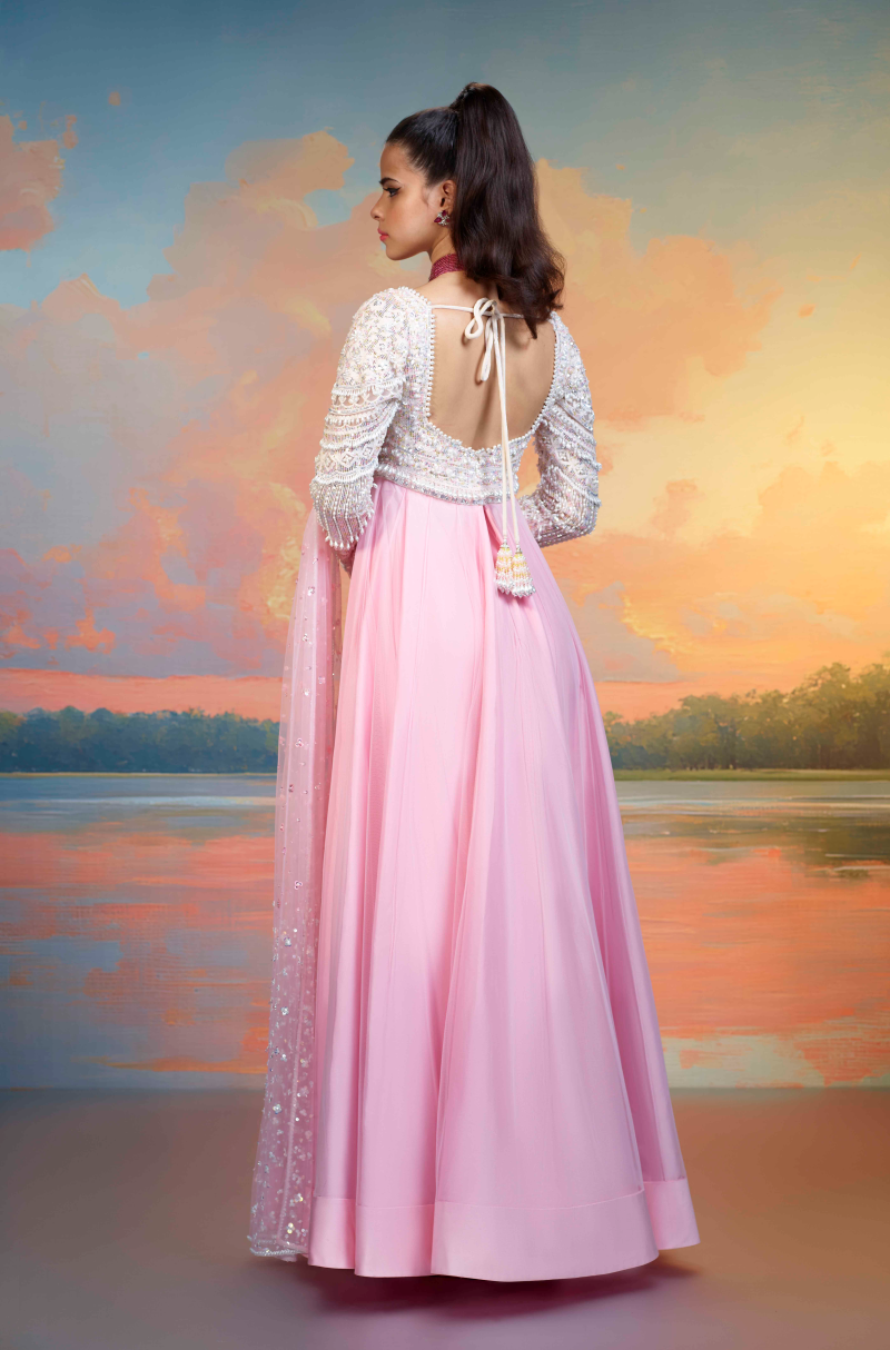 Pink Tulle Embroidered Kalidar Kurta Set