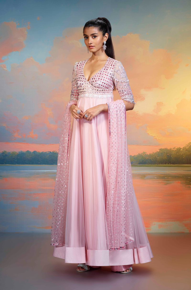 Pink Tulle Badla Embroidered Kalidar Kurta Set