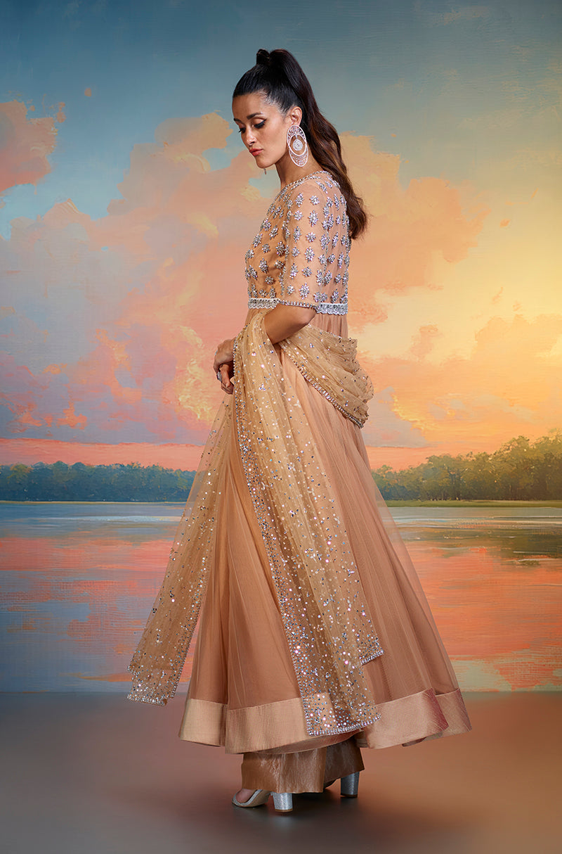 Nude Tulle Embroidered Kalidar Kurta Set