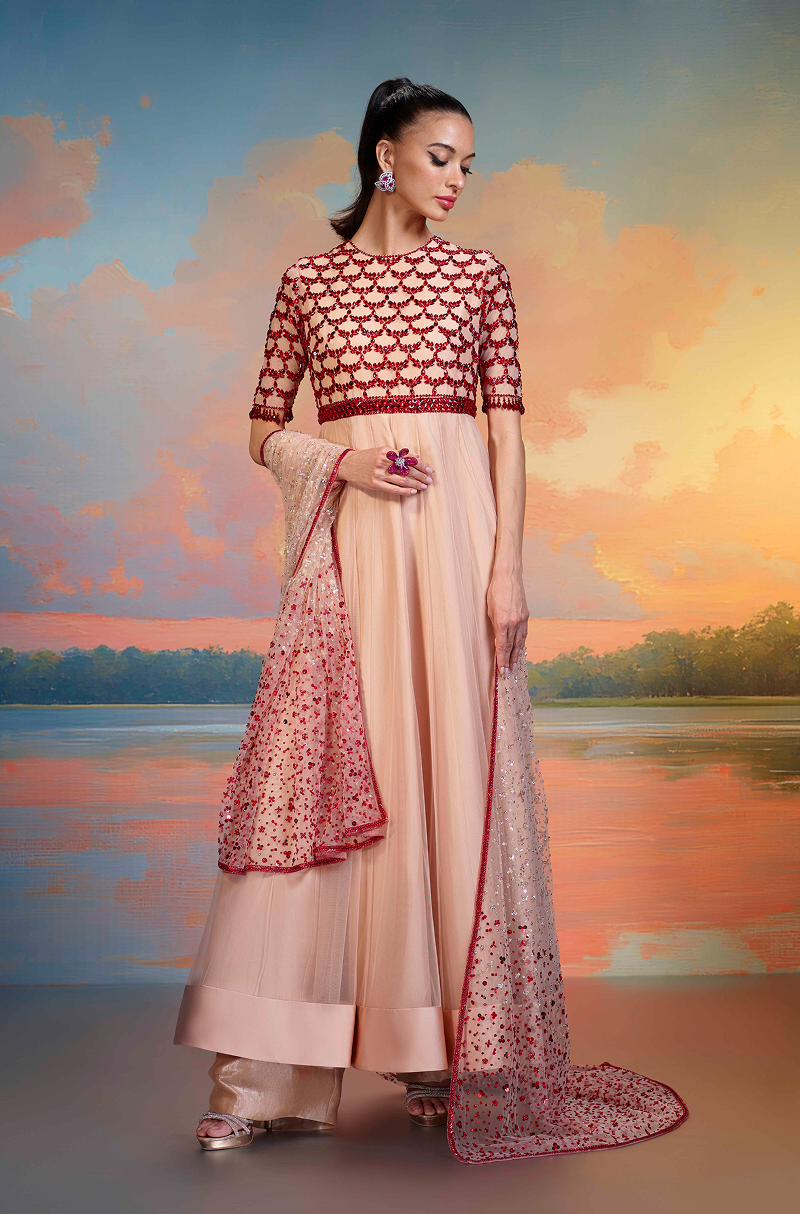Nude Tulle Red Stone Embroidered Kalidar Kurta Set
