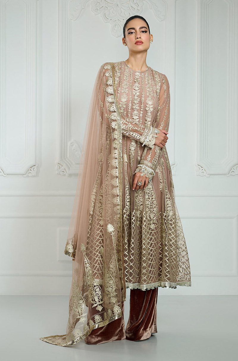 Soft Nude Kashmiri Embroidered Long Kurta Set