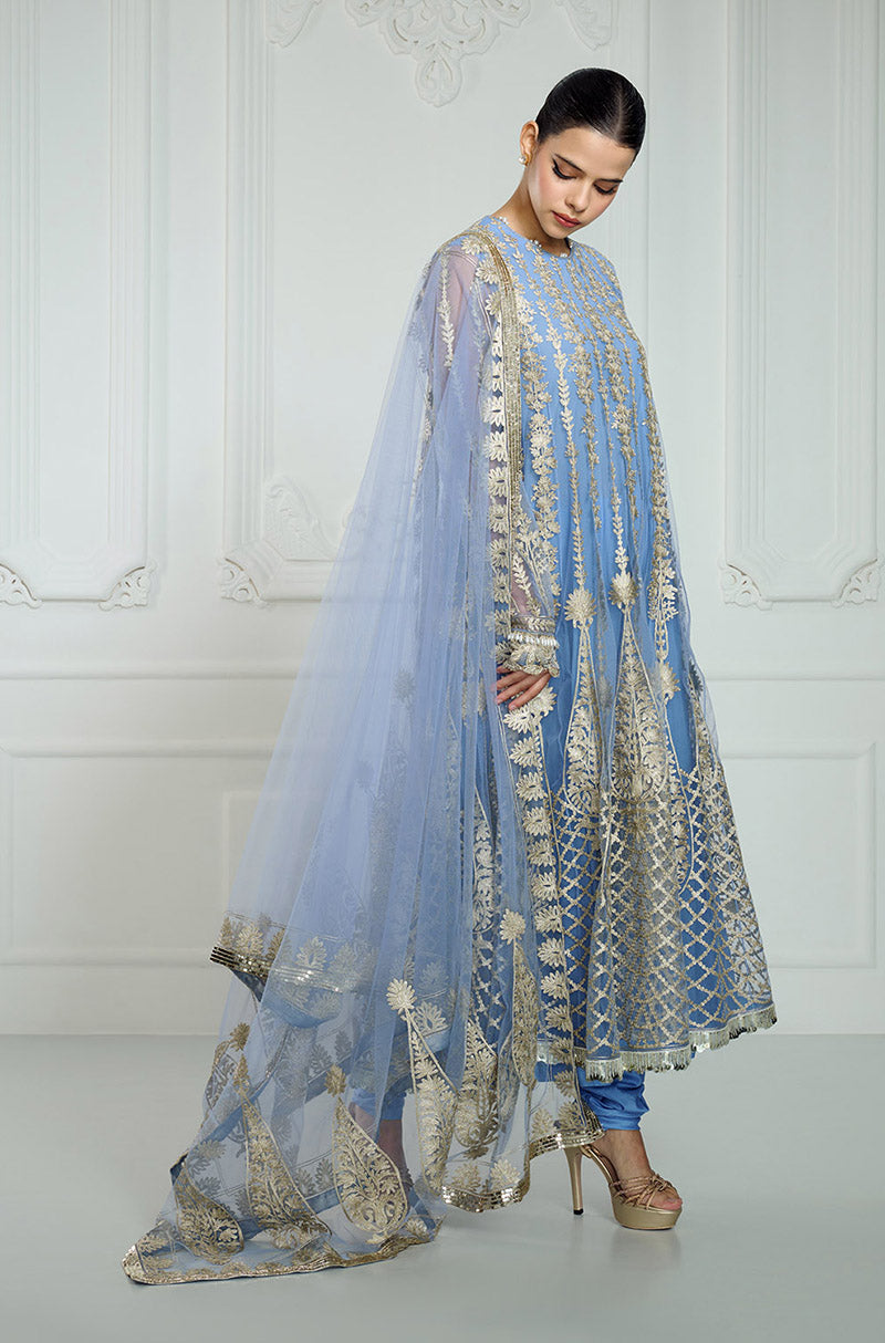 Fresh Blue Kashmiri Embroidered Long Kurta Set