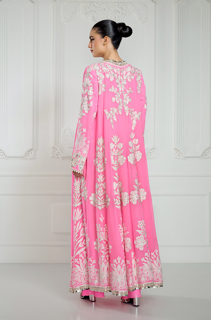 Bright Pink Kashmiri Embroidered Long Jacket Set