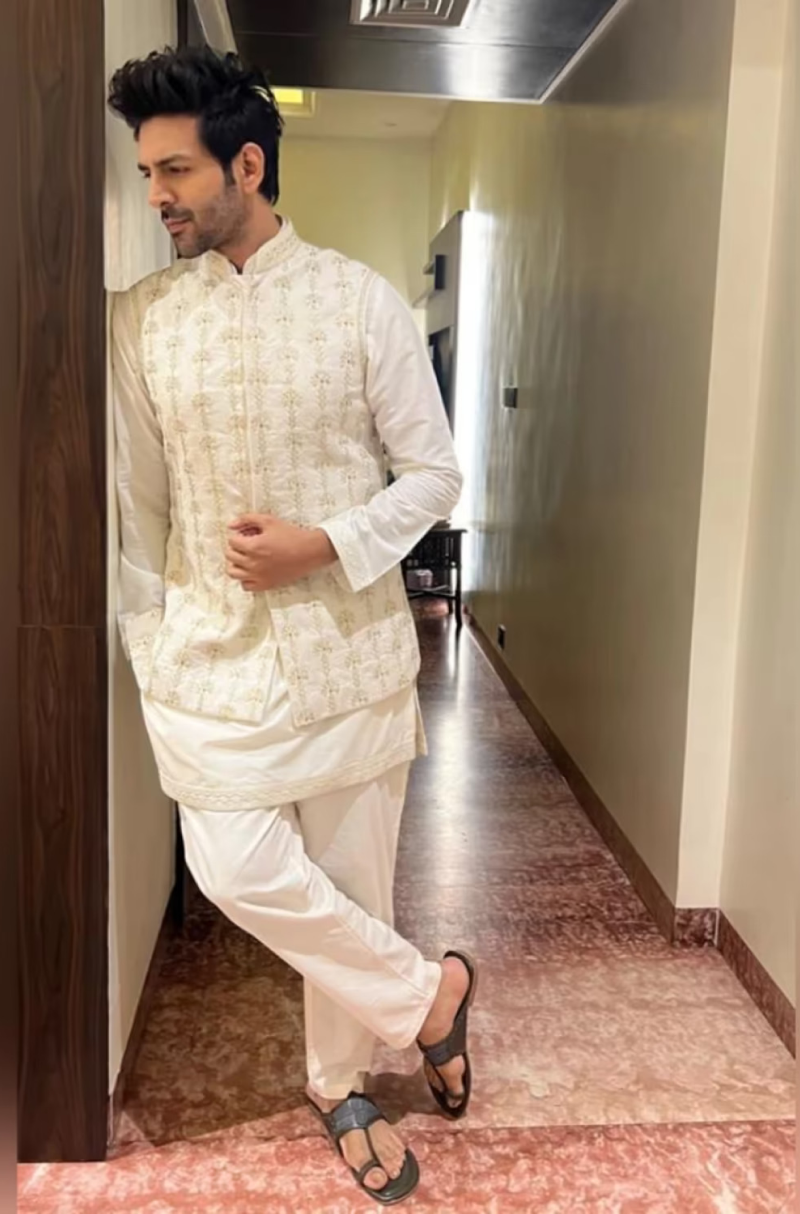 Kartik Aaryan in our Ivory Floral Dori Embellished Bundi Set