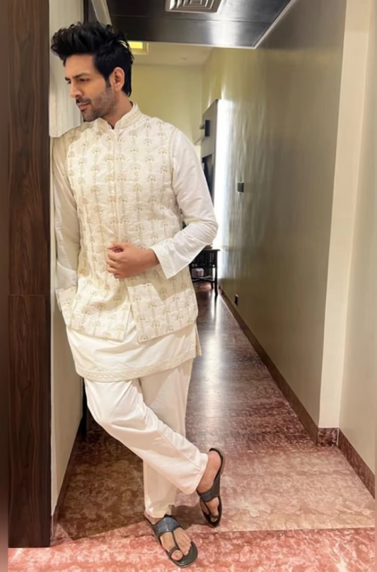 Kartik Aaryan in our Ivory Floral Dori Embellished Bundi Set